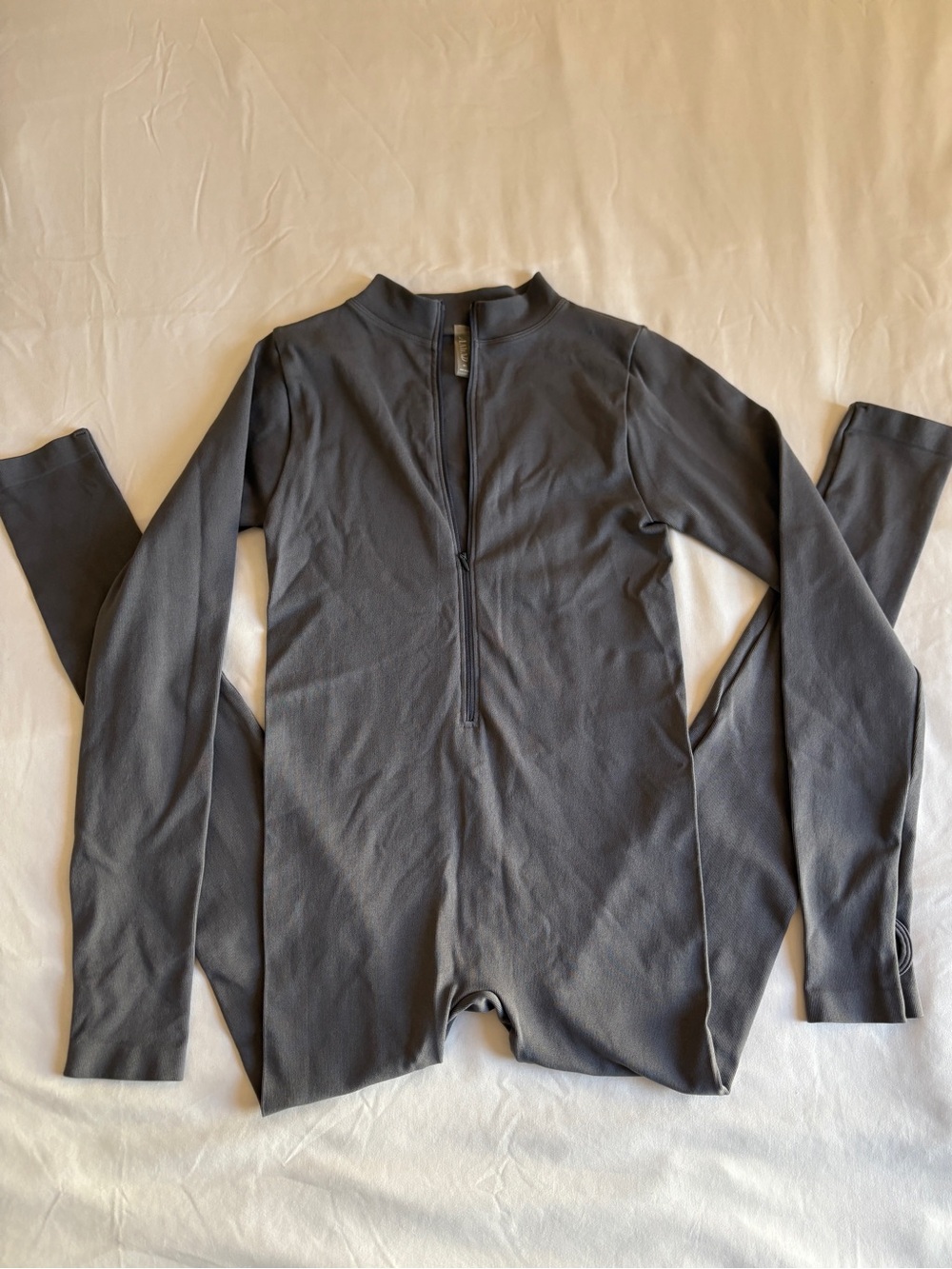 Anwnd Grey Ribbed Zip Up Jumpsuit Long Sleeve Bodycon Catsuit Indie Grunge